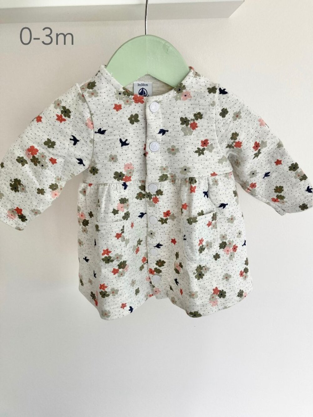 Petit Bateau 0-3 Months Baby Girl Floral Grey Quilted Long Sleeve Dress Fall